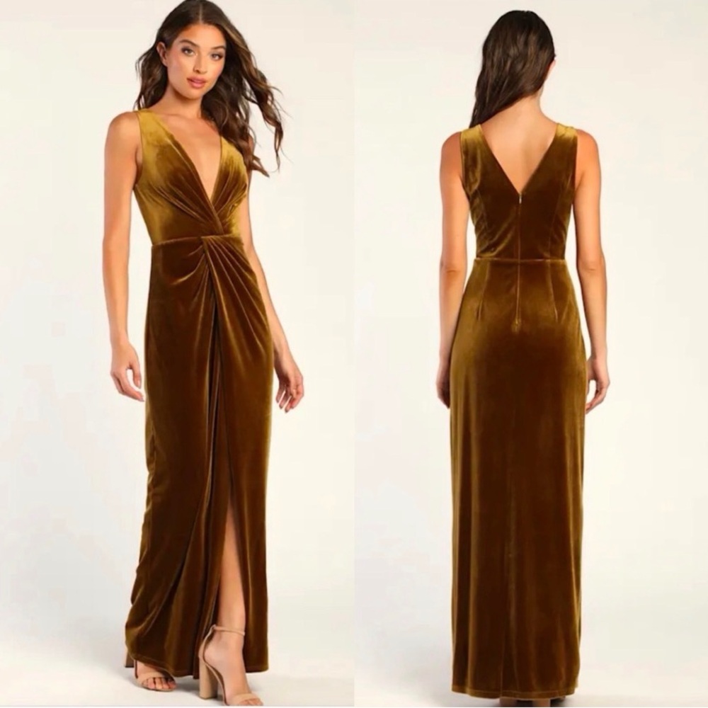 Lulu's Olive Velvet Maxi Dress formal cocktail NWT size M